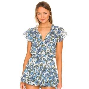 Floral Ruffle Sleeve Top - Blue and Green